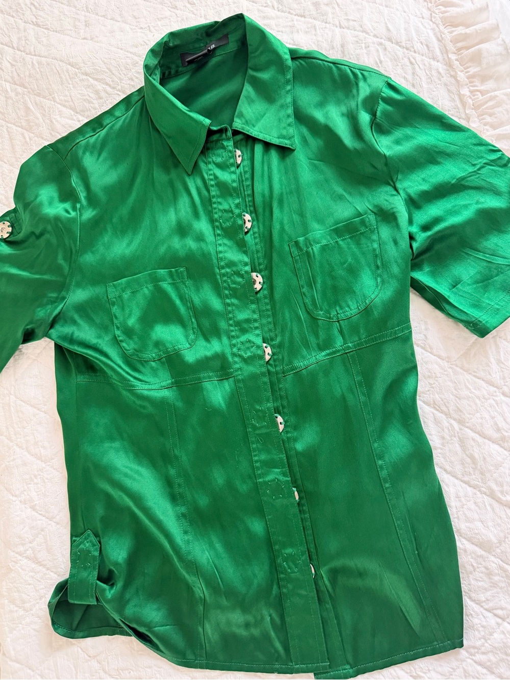 Emerald Green Satin Button-Up Blouse | Y2K | Vintage